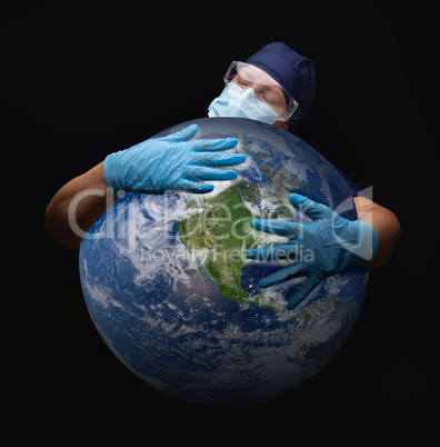 Nurse or Doctor Wearing Face Mask and Surgical Gloves Hugging th