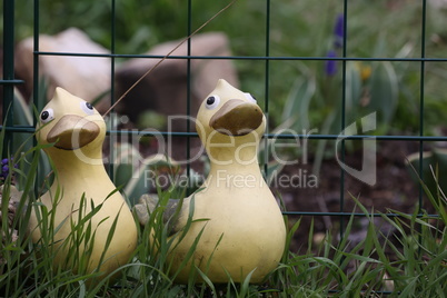 Decorative ducklings among the plants in the garden