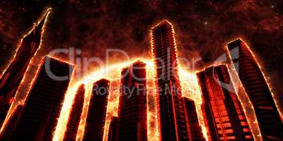 Flaming skyscrapers on the background of a red star. illustration.