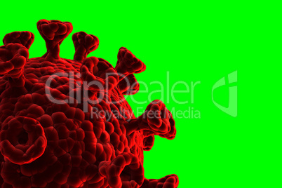 An illustration showing the structure of an epidemic virus. 3D rendering of a coronavirus on a green background.