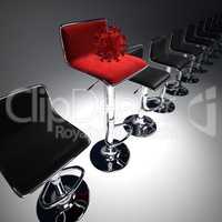 An illustration showing a coronavirus on a high red bar stool. 3D illustration