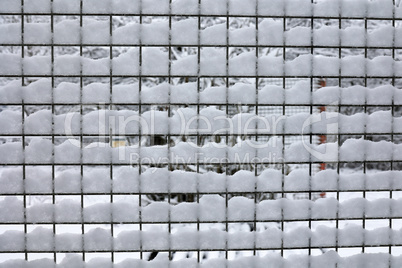 Fencing mesh with leftover white snow in winter