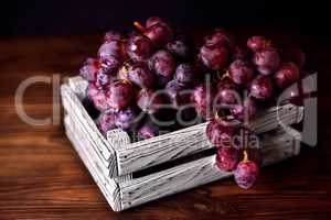 Branch of a dark grapes in a white box on a wooden background