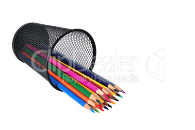 Pencils in a glass on a white background