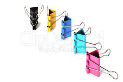 Clips for paper standing vertically on a white background