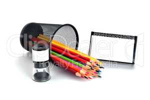 Color pencils, pencil sharpener, card holder