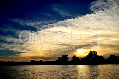 Evening, sunset, clouds, river, sky