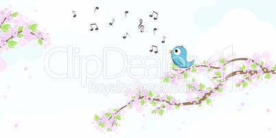 Bird in love on blossom branches