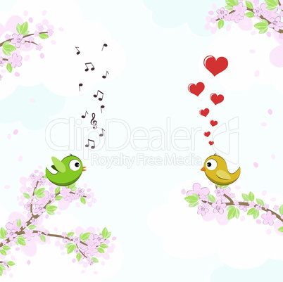 Birds in love on blossom branches