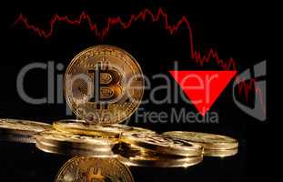 Crypto collapse. Golden coins with bitcoin logo drop at bear market. Pullback of leader cryptocurrency Bitcoin BTC in trading. Decentralized digital currency fell. Electronic money on black background