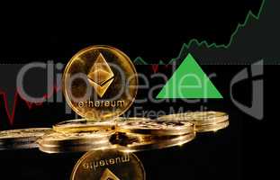Golden coins with Ether logo rise in bull market. New cryptocurrency Ethereum ETH 2.0 go up in trading. Price of decentralized digital currency is growing up. Electronic money on black background
