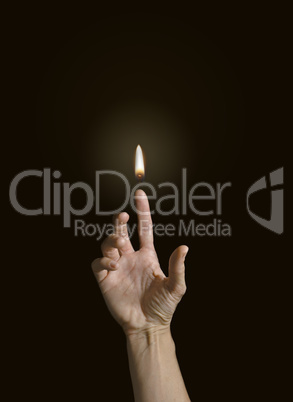 A finger holding a flame.