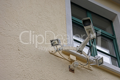 Video camera system on the wall of the building
