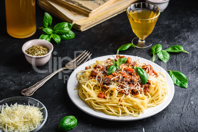 Spaghetti with bolognese sauce and parmesan cheese