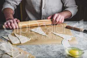 Baker rolls the puff pastry for croissants