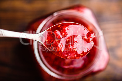 Spoonful of homemade raspberry jam