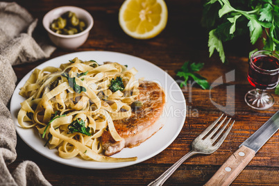 Pork chop steak with pasta