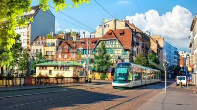 Modern tram on street