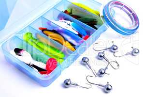 Box for fishing accessories with silicone baits inside, Jig hook