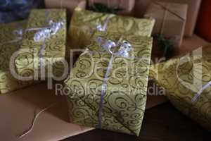 Gifts for the holiday are wrapped in decorative paper
