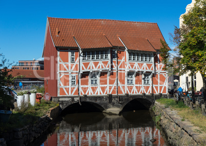 Historical half-timbered house, called Brueckenhaus (bridge house), Wismar in Mecklenburg-Vorpommern, Northern Germany