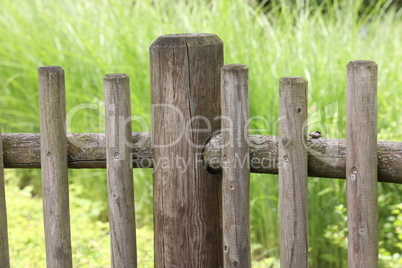 Gray wooden fence close up in the park