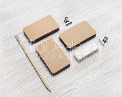Business cards, pencil, eraser