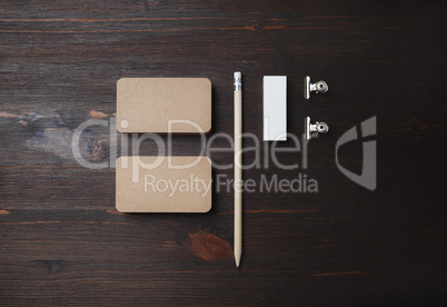 Kraft business cards, pencil, eraser