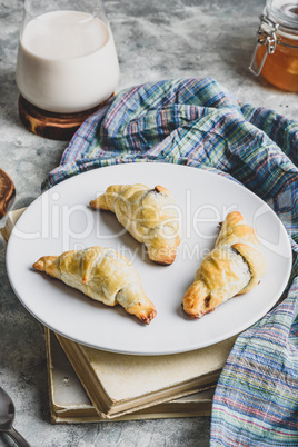 Chocolate croissants with milk for breakfast