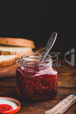 Jar of homemade raspberry jam