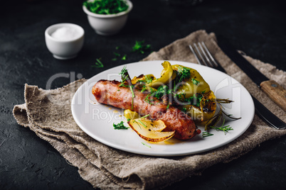 Pork sausage baked with green bell peppers, onion and herbs