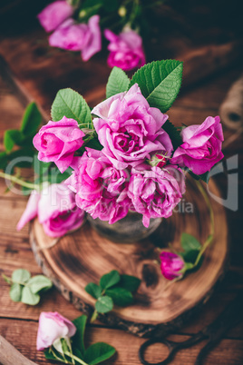 Bouquet of pink garden roses in jar