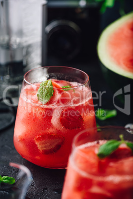 Fresh watermelon and strawberry cocktail