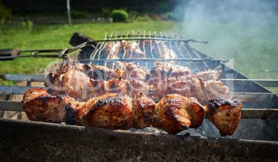 Barbeque meat and sausages or bratwurst on a grill grate in backyard. Man preparing shashlik or shish kebab over charcoal. Grilled meat on metal skewer outdoor. BBQ party or picnic food. Close up shot
