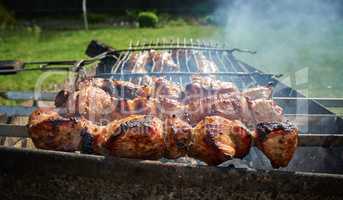 Barbeque meat and sausages or bratwurst on a grill grate in backyard. Man preparing shashlik or shish kebab over charcoal. Grilled meat on metal skewer outdoor. BBQ party or picnic food. Close up shot