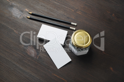 Business cards, pencils, jar