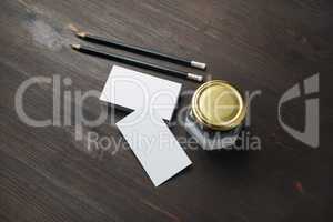 Business cards, pencils, jar