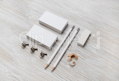 White business cards, pencil, eraser