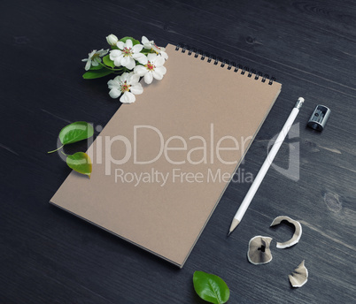 Notebook, pencil, sharpener, flowers