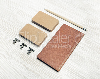 Notepad, business cards, pencil