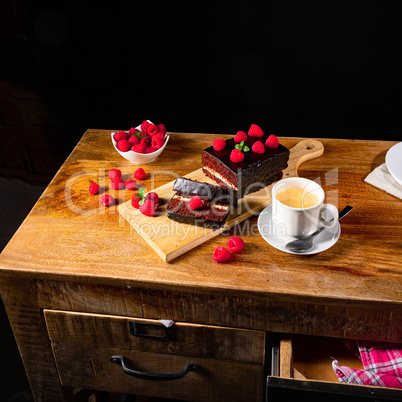 Chocolate cake with raspberries and coffee