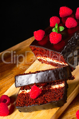 Chocolate cake with raspberries and coffee