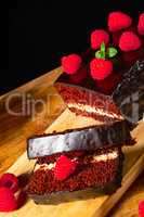 Chocolate cake with raspberries and coffee