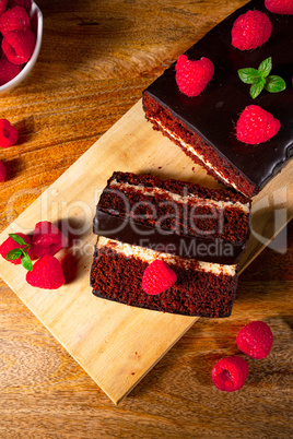 Chocolate cake with raspberries and coffee