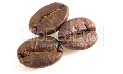 3 coffee beans on a white background. Arabica isolated close up.