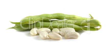 Young bean pods and beans isolated on white background close up.