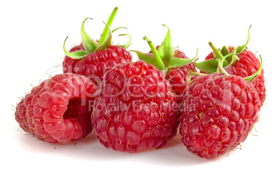 Bunch of fresh raspberries isolated on white background. Fruit berries close up.