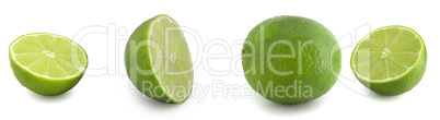 Collage of different parts of lime fruit. Fresh citrus, 4 pictures isolated on white background.