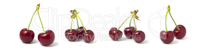 Set of 4 photos, red ripe cherries on a white background. Collection of berries isolated for quick selection.