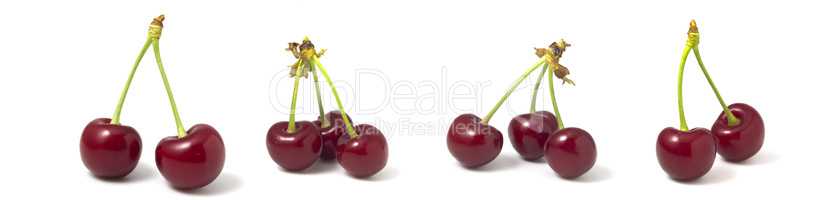 Set of 4 photos, red ripe cherries on a white background. Collection of berries isolated for quick selection.